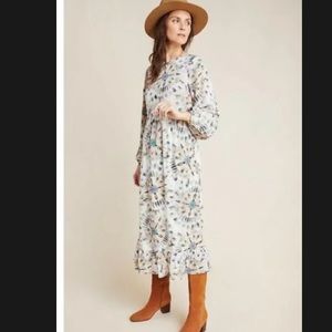 Kachel X Anthropologie Watercolor Satin Balloon Button Cuff Midi Dress NWT 8